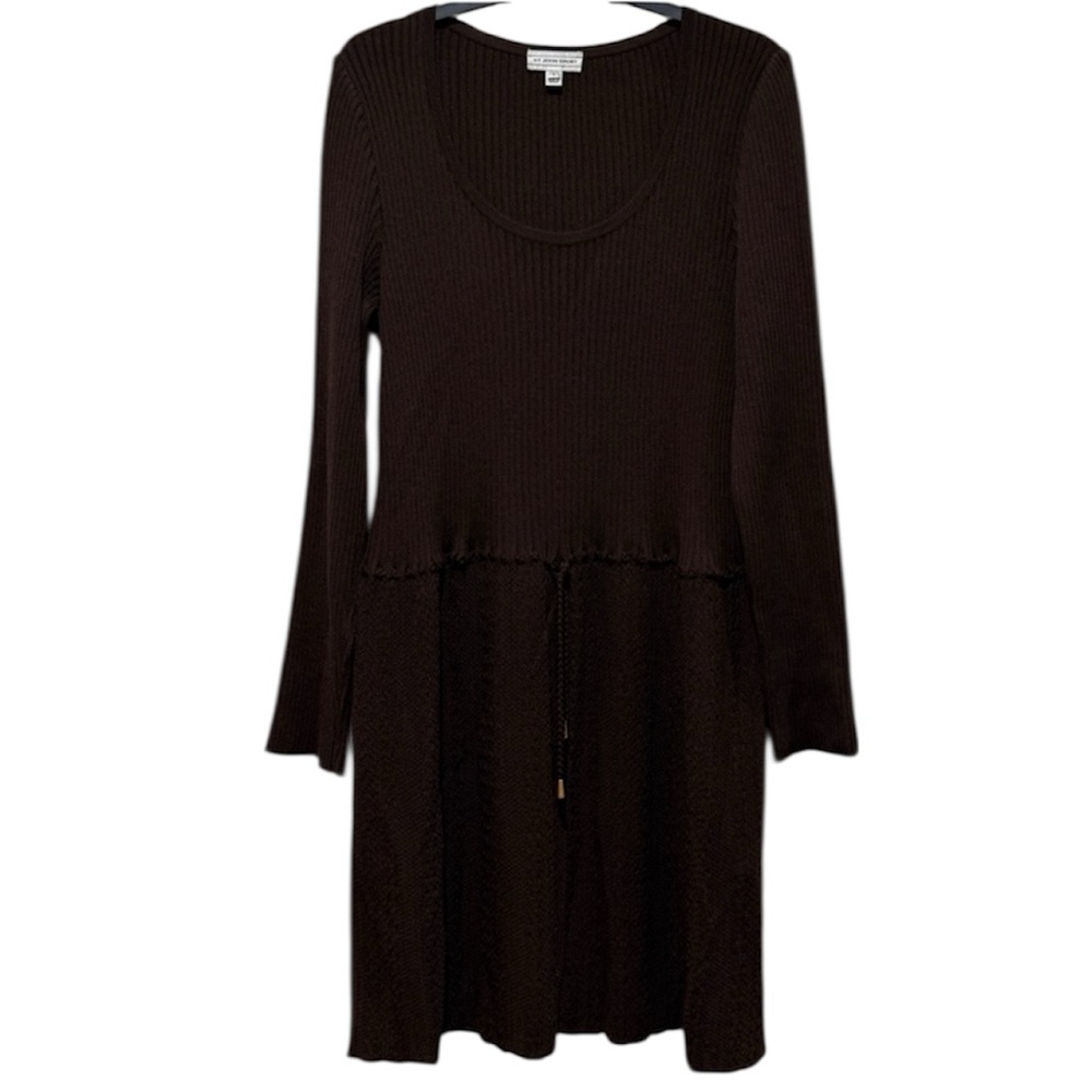 St. John Sport Wool Blend Ribbed Knit Dress Large L Brown Fall Winter Staple